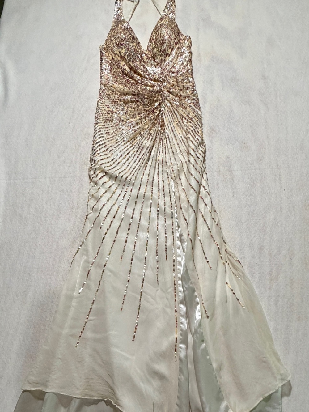 Camille La Vie 100% Silk Sequin Halter Prom Dress White Gold Train Size 4